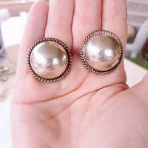 Taxco Vintage Sterling Silver Gilt Braiding Button Earrings Handmade